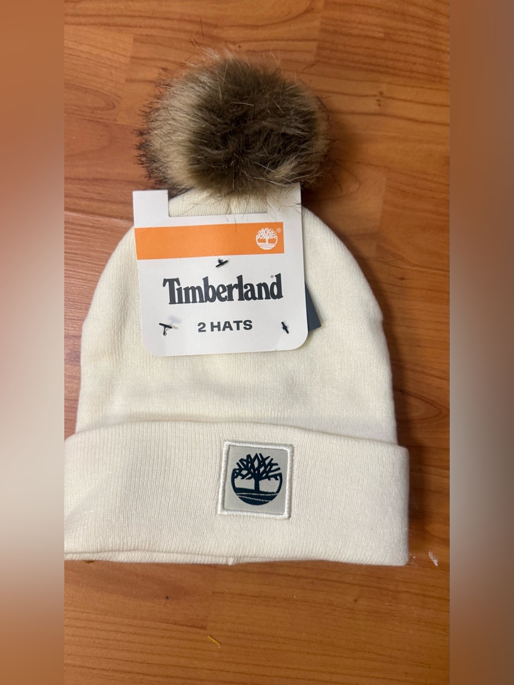 NWT 2 Timberland Women’s Pom Pom Beanie Hats Brown Cream Knit